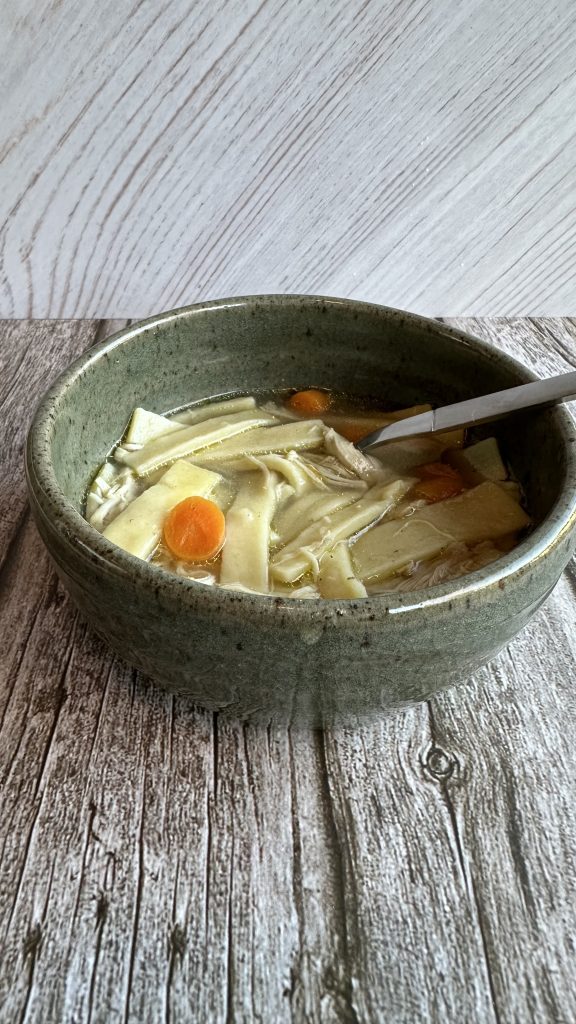 A bowl of chicken noodle soup.